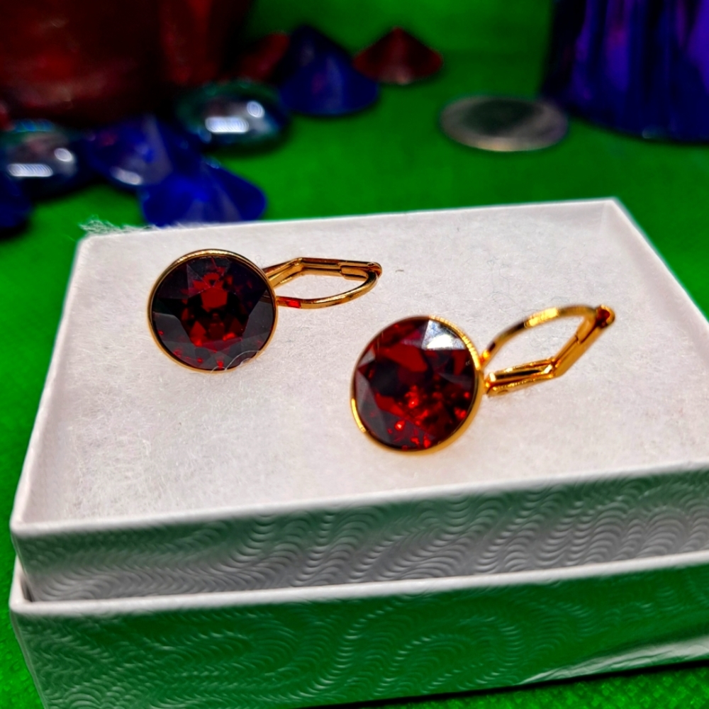 Beautiful MYJS 4 Carat Bella Ruby Crystal Gold Pltd Earrings New
